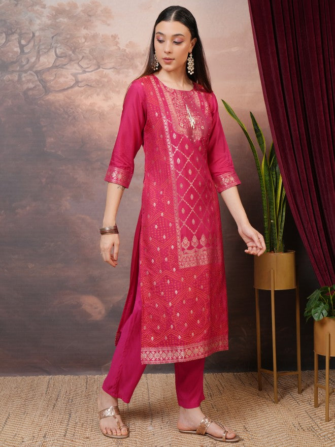 Vishudh Women Pink Printed Kurta With Trouser And Dupatta - Pink - Image 4