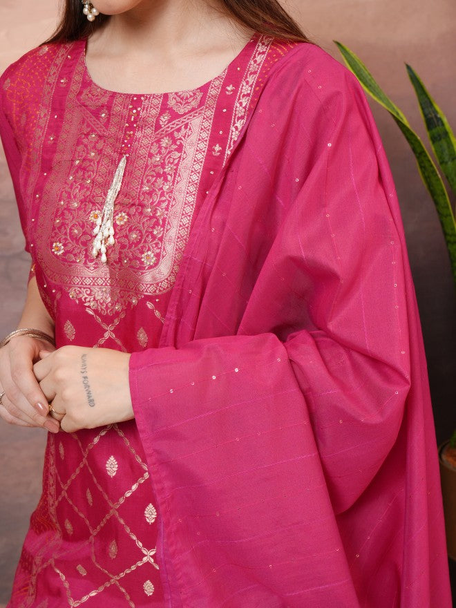Vishudh Women Pink Printed Kurta With Trouser And Dupatta - Pink - Image 5