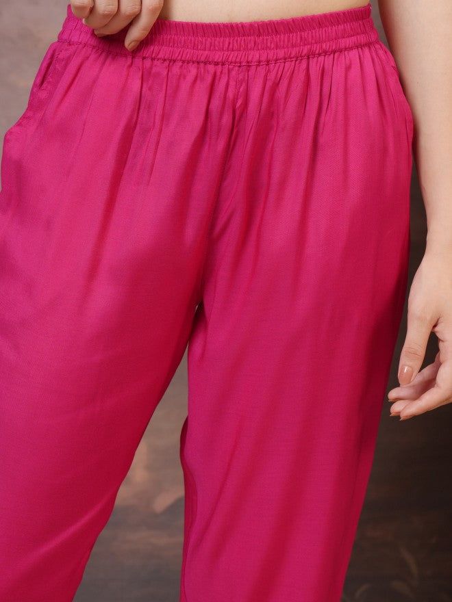 Vishudh Women Pink Printed Kurta With Trouser And Dupatta - Pink - Image 6
