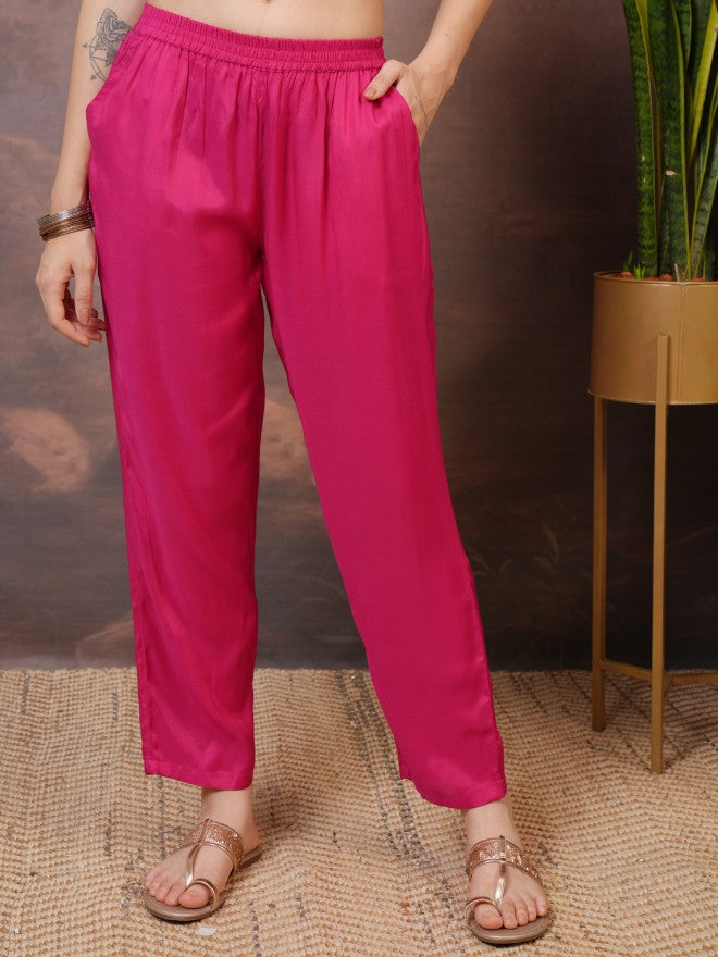 Vishudh Women Pink Printed Kurta With Trouser And Dupatta - Pink - Image 7