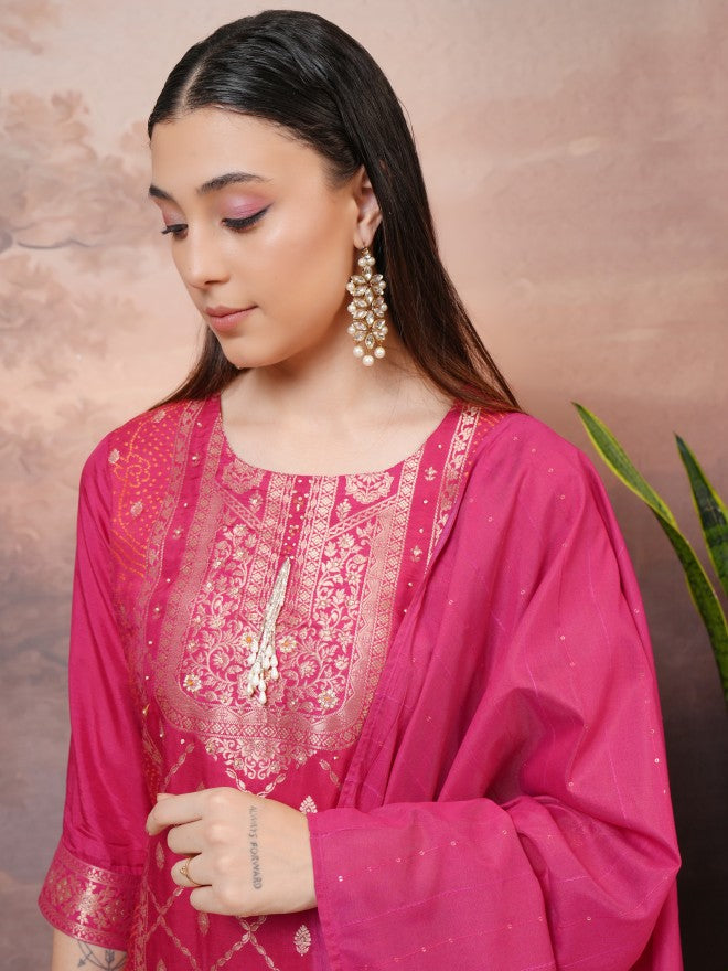 Vishudh Women Pink Printed Kurta With Trouser And Dupatta - Pink - Image 8
