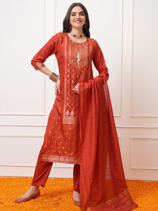 Vishudh Women Red Printed Kurta With Trouser And Dupatta - Red - Image 1
