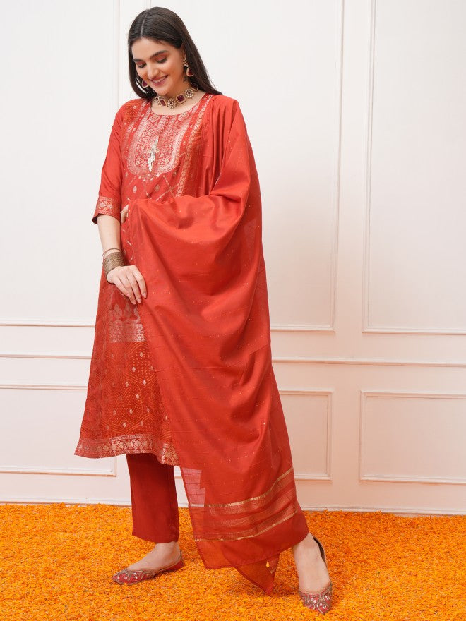 Vishudh Women Red Printed Kurta With Trouser And Dupatta - Red - Image 2
