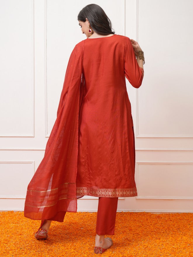Vishudh Women Red Printed Kurta With Trouser And Dupatta - Red - Image 3