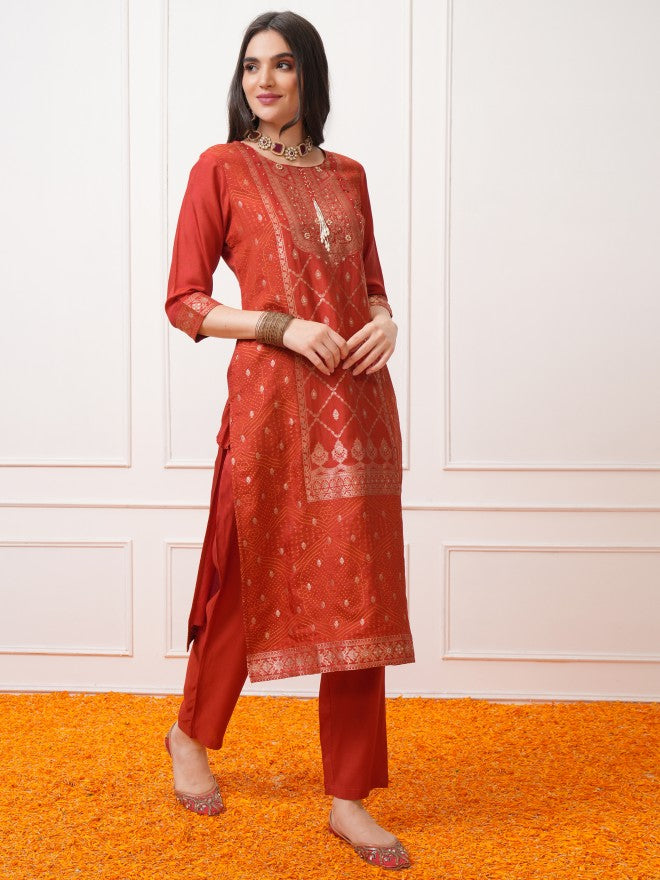Vishudh Women Red Printed Kurta With Trouser And Dupatta - Red - Image 4