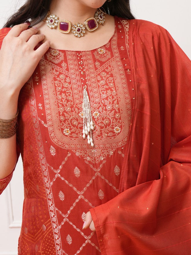 Vishudh Women Red Printed Kurta With Trouser And Dupatta - Red - Image 5