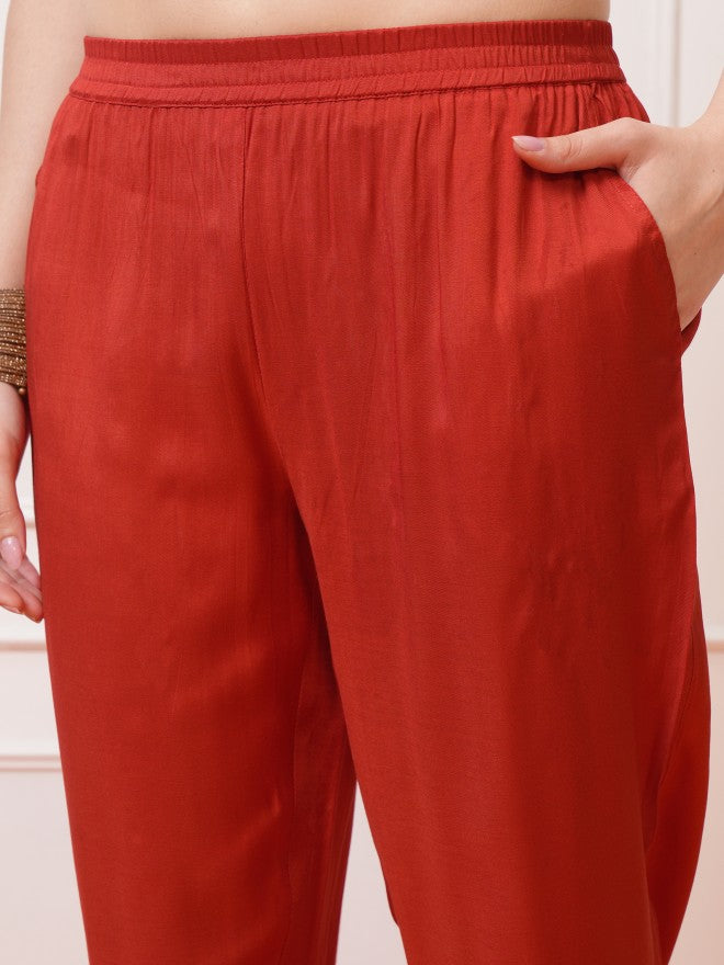 Vishudh Women Red Printed Kurta With Trouser And Dupatta - Red - Image 6