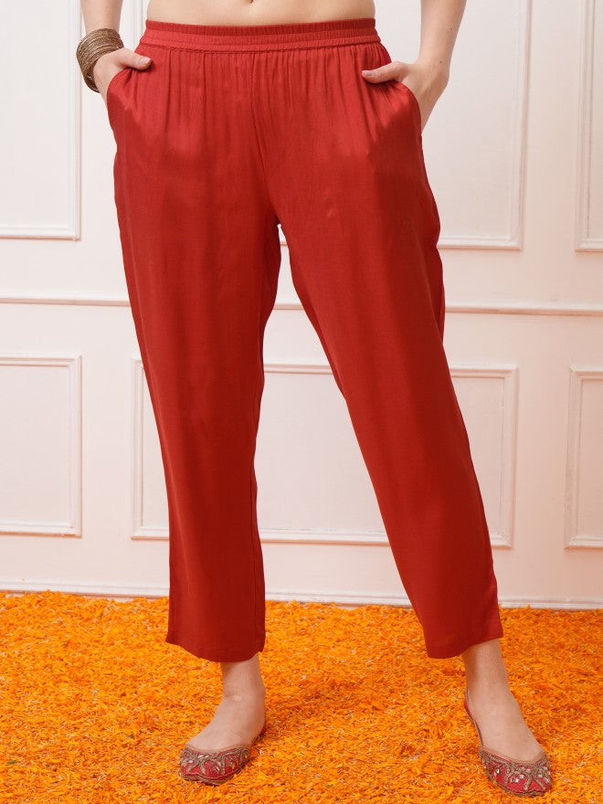 Vishudh Women Red Printed Kurta With Trouser And Dupatta - Red - Image 7