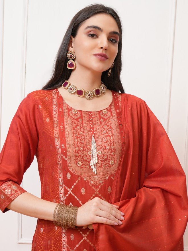 Vishudh Women Red Printed Kurta With Trouser And Dupatta - Red - Image 8