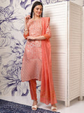 Vishudh Women Peach Printed Kurta With Trouser And Dupatta - Peach - Image 1