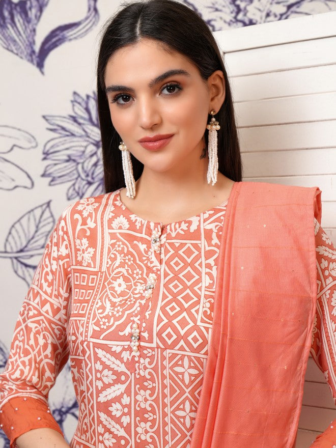 Vishudh Women Peach Printed Kurta With Trouser And Dupatta - Peach - Image 2