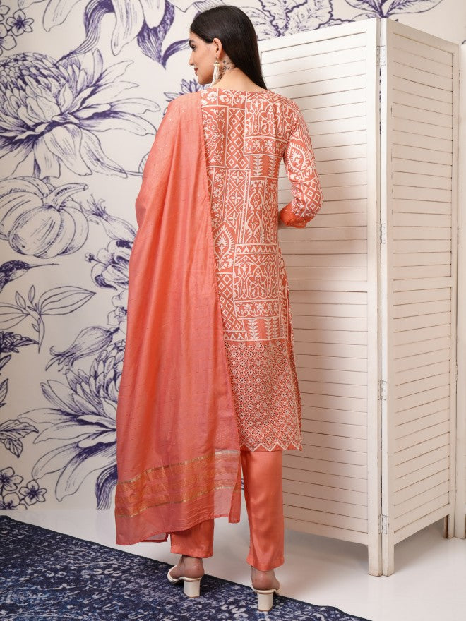 Vishudh Women Peach Printed Kurta With Trouser And Dupatta - Peach - Image 3