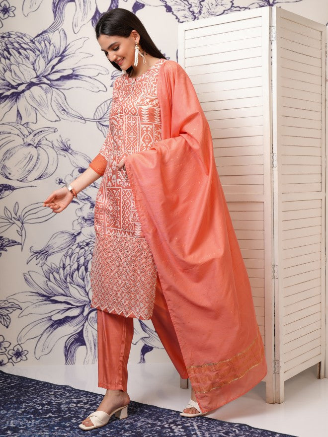Vishudh Women Peach Printed Kurta With Trouser And Dupatta - Peach - Image 4
