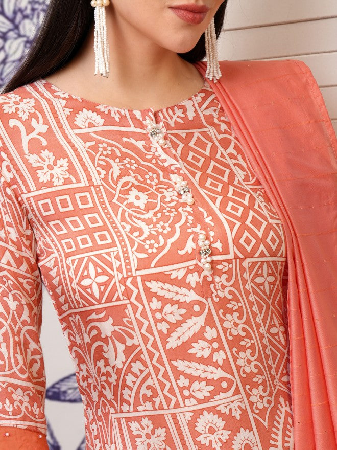 Vishudh Women Peach Printed Kurta With Trouser And Dupatta - Peach - Image 5