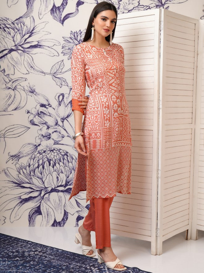 Vishudh Women Peach Printed Kurta With Trouser And Dupatta - Peach - Image 6
