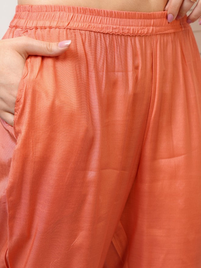 Vishudh Women Peach Printed Kurta With Trouser And Dupatta - Peach - Image 7