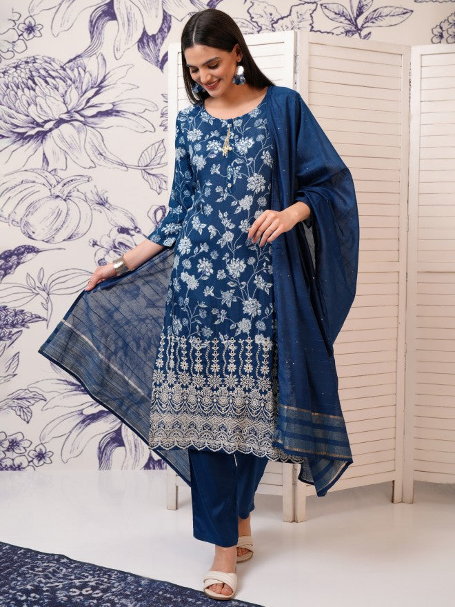 Vishudh Women Blue Printed Kurta With Trouser And Dupatta - Blue - Image 1