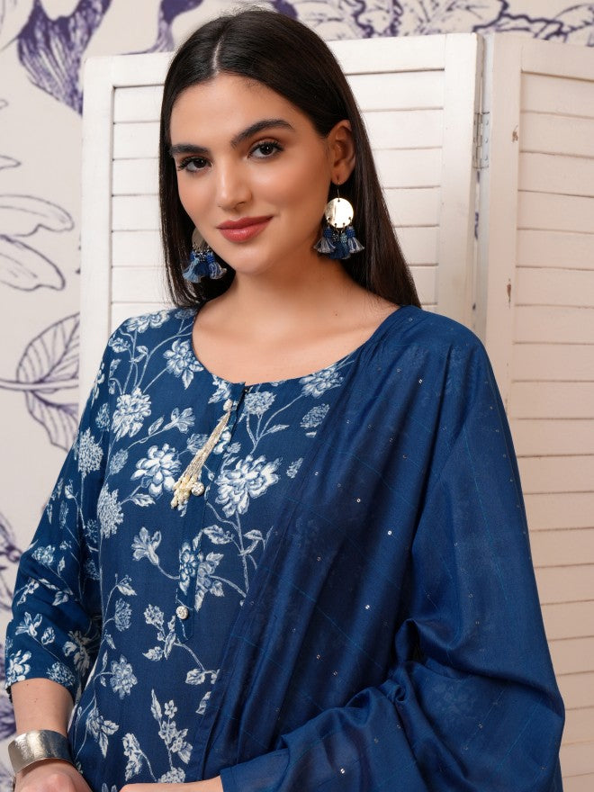 Vishudh Women Blue Printed Kurta With Trouser And Dupatta - Blue - Image 2