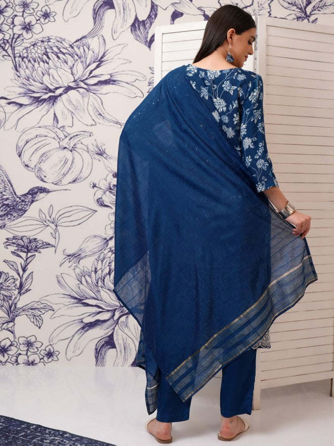 Vishudh Women Blue Printed Kurta With Trouser And Dupatta - Blue - Image 3