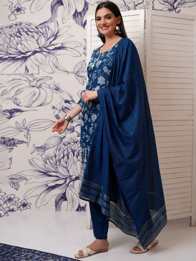 Vishudh Women Blue Printed Kurta With Trouser And Dupatta - Blue - Image 4