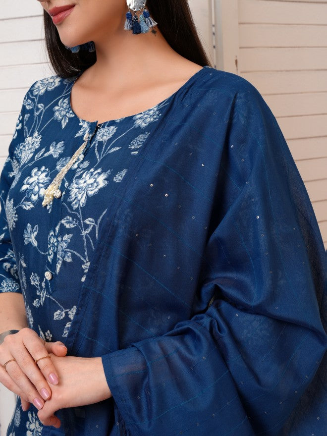 Vishudh Women Blue Printed Kurta With Trouser And Dupatta - Blue - Image 5