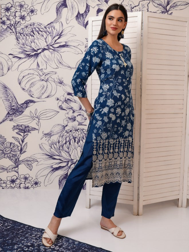Vishudh Women Blue Printed Kurta With Trouser And Dupatta - Blue - Image 6
