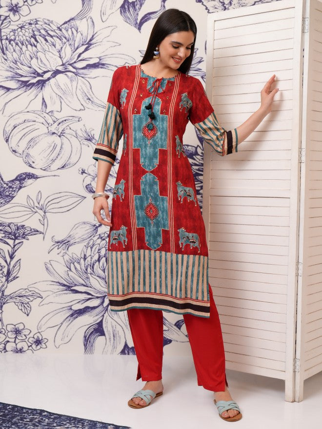 Vishudh Women Red Printed Kurta With Trouser - Red - Image 1