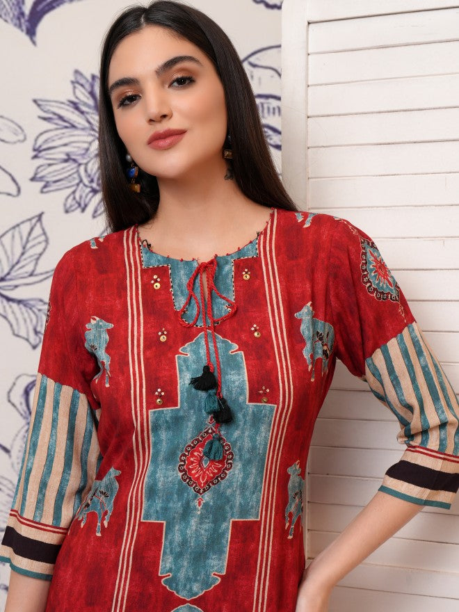 Vishudh Women Red Printed Kurta With Trouser - Red - Image 2