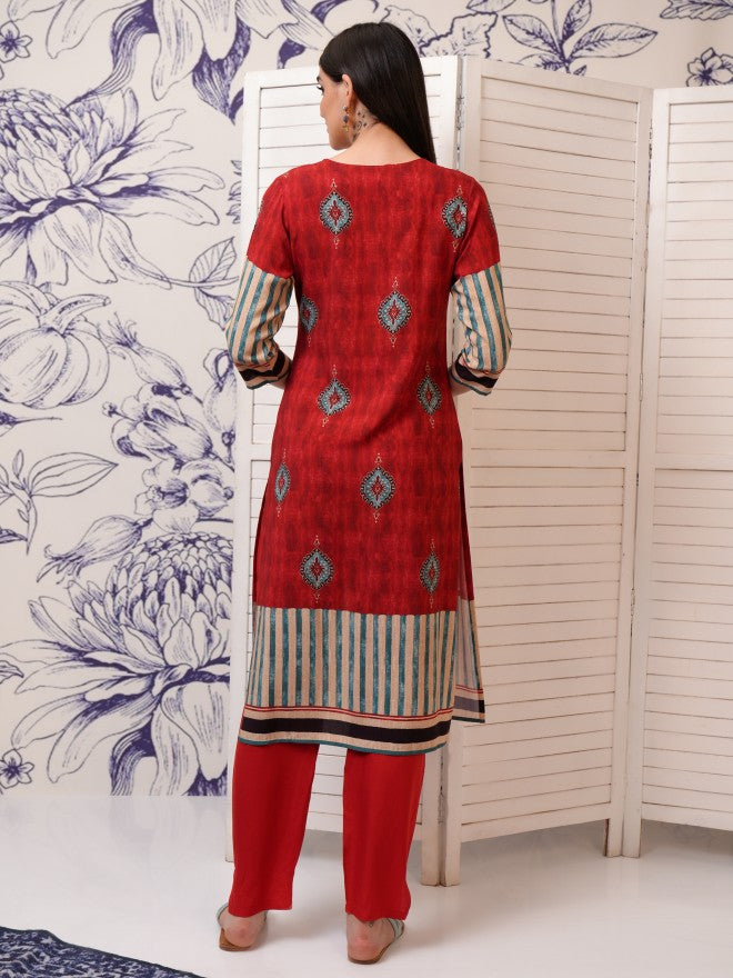 Vishudh Women Red Printed Kurta With Trouser - Red - Image 3