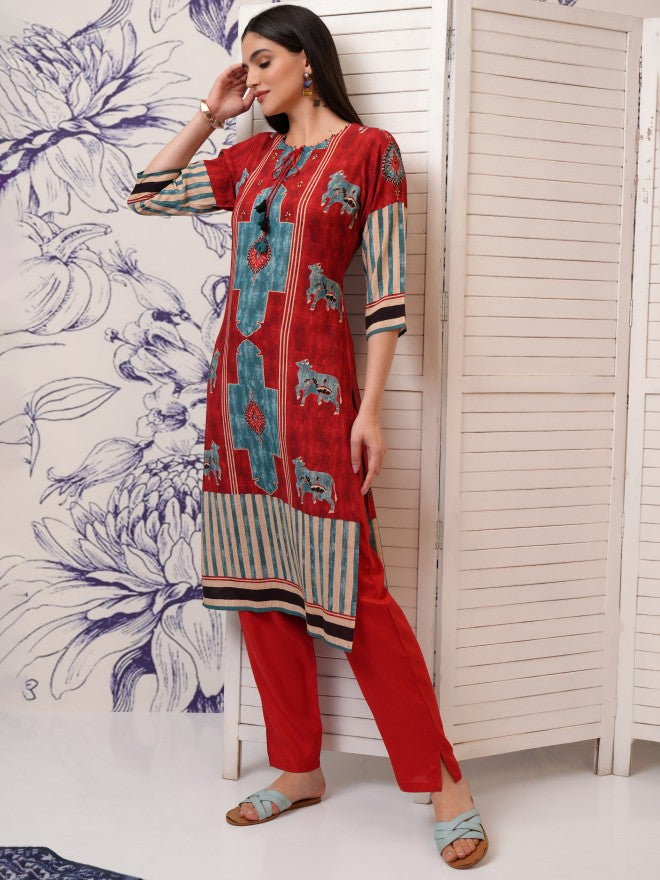 Vishudh Women Red Printed Kurta With Trouser - Red - Image 4