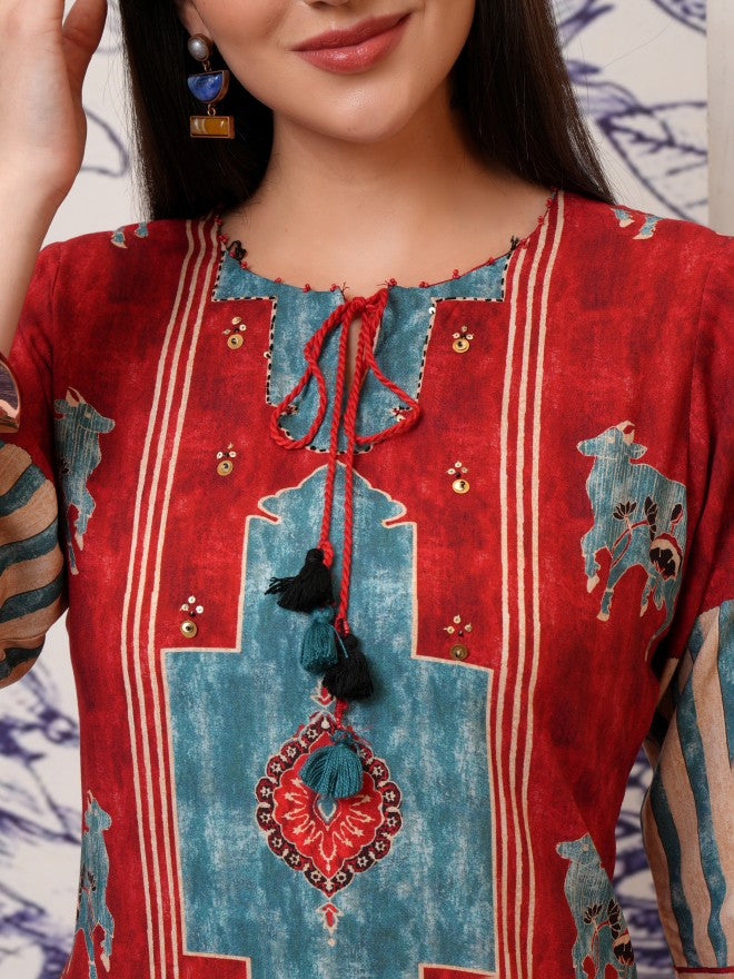 Vishudh Women Red Printed Kurta With Trouser - Red - Image 5