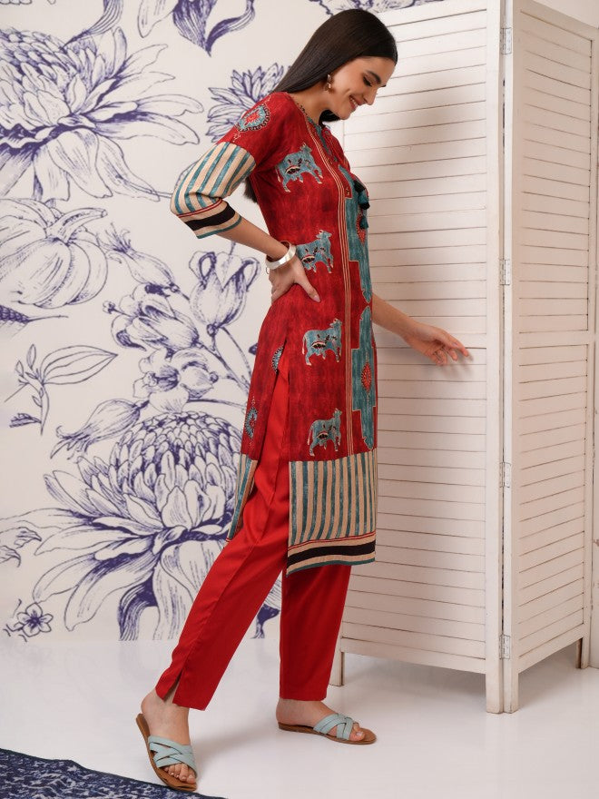 Vishudh Women Red Printed Kurta With Trouser - Red - Image 6