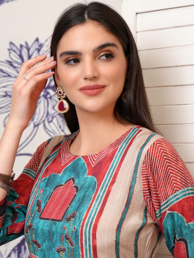 Vishudh Women Red Printed Kurta With Trousers - Red - Image 2