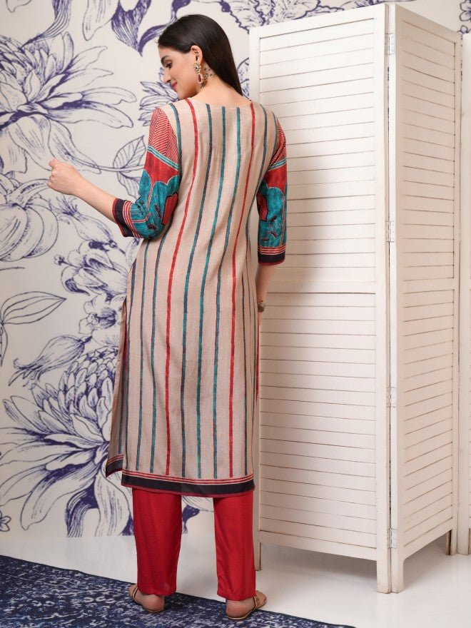 Vishudh Women Red Printed Kurta With Trousers - Red - Image 3