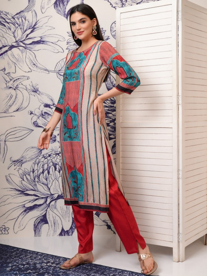 Vishudh Women Red Printed Kurta With Trousers - Red - Image 4