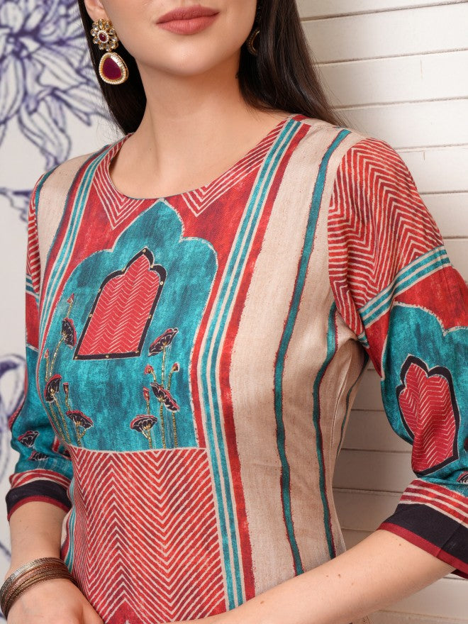 Vishudh Women Red Printed Kurta With Trousers - Red - Image 5