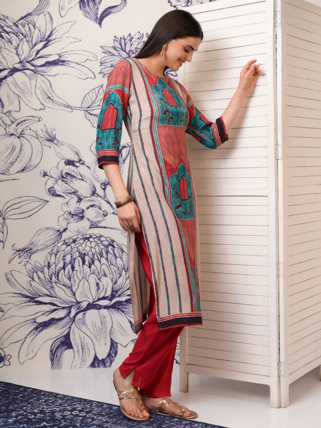 Vishudh Women Red Printed Kurta With Trousers - Red - Image 6