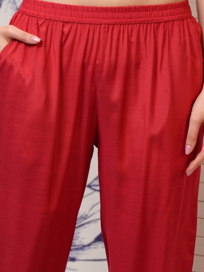 Vishudh Women Red Printed Kurta With Trousers - Red - Image 7
