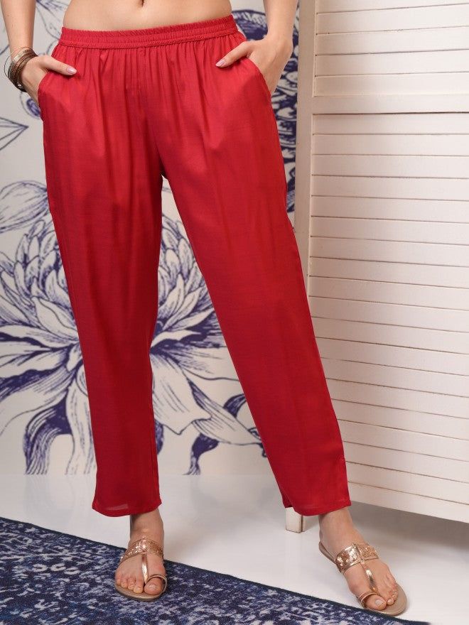 Vishudh Women Red Printed Kurta With Trousers - Red - Image 8