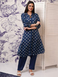 Vishudh Women Blue Printed Kurta With Trouser - Blue - Image 1