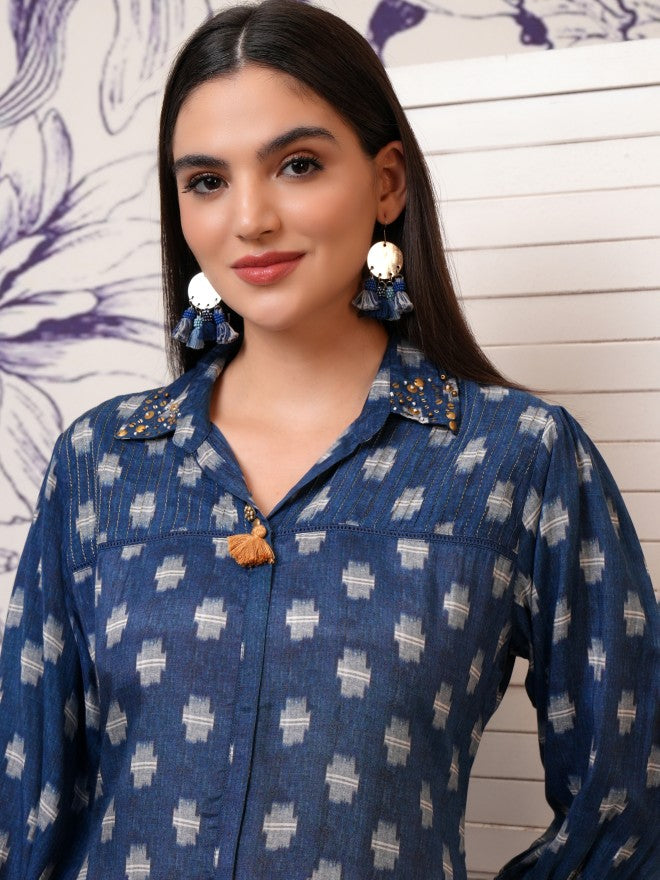 Vishudh Women Blue Printed Kurta With Trouser - Blue - Image 2