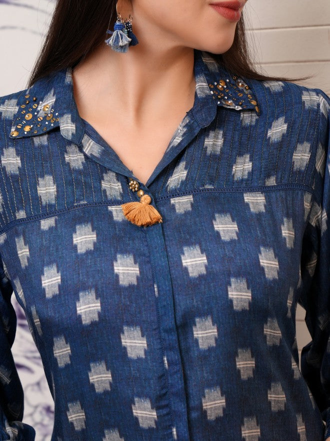 Vishudh Women Blue Printed Kurta With Trouser - Blue - Image 5