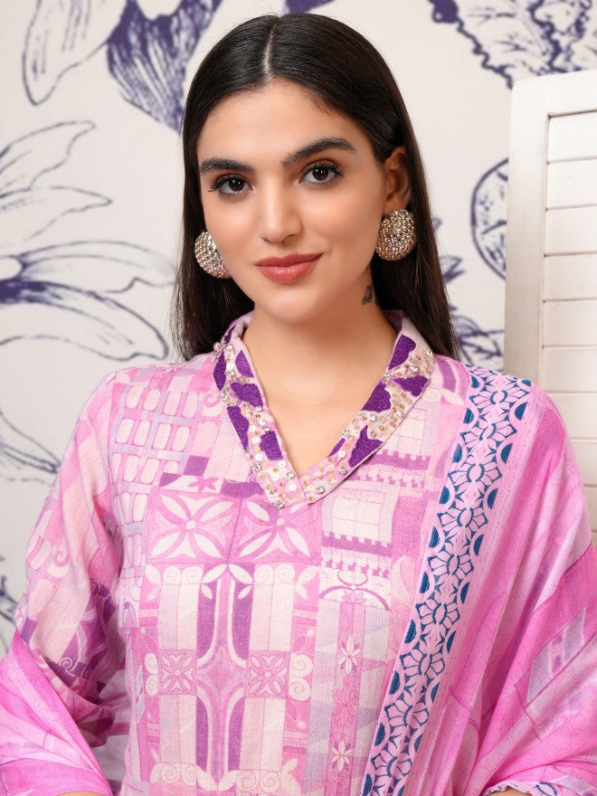 Vishudh Women Purple Printed Kurta With Trouser And Dupatta - Purple - Image 2