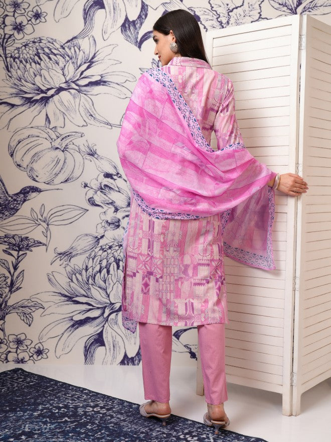 Vishudh Women Purple Printed Kurta With Trouser And Dupatta - Purple - Image 3