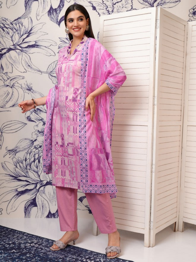 Vishudh Women Purple Printed Kurta With Trouser And Dupatta - Purple - Image 4