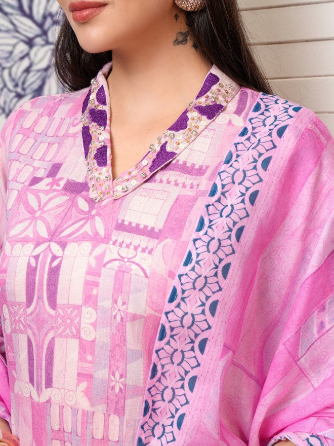Vishudh Women Purple Printed Kurta With Trouser And Dupatta - Purple - Image 5