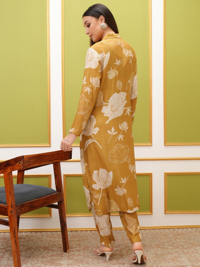 Vishudh Women Olive Printed Kurta With Trouser - Olive - Image 3