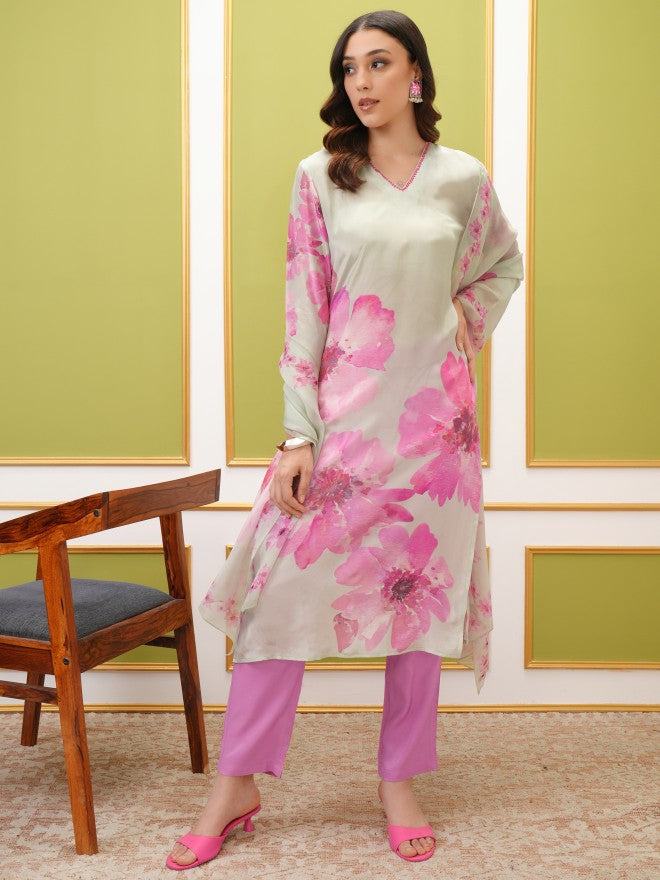 Vishudh Women Blue Printed Kurta With Trouser And Dupatta - Blue - Image 1