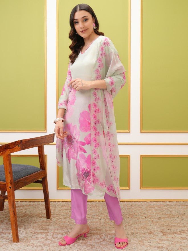 Vishudh Women Blue Printed Kurta With Trouser And Dupatta - Blue - Image 2