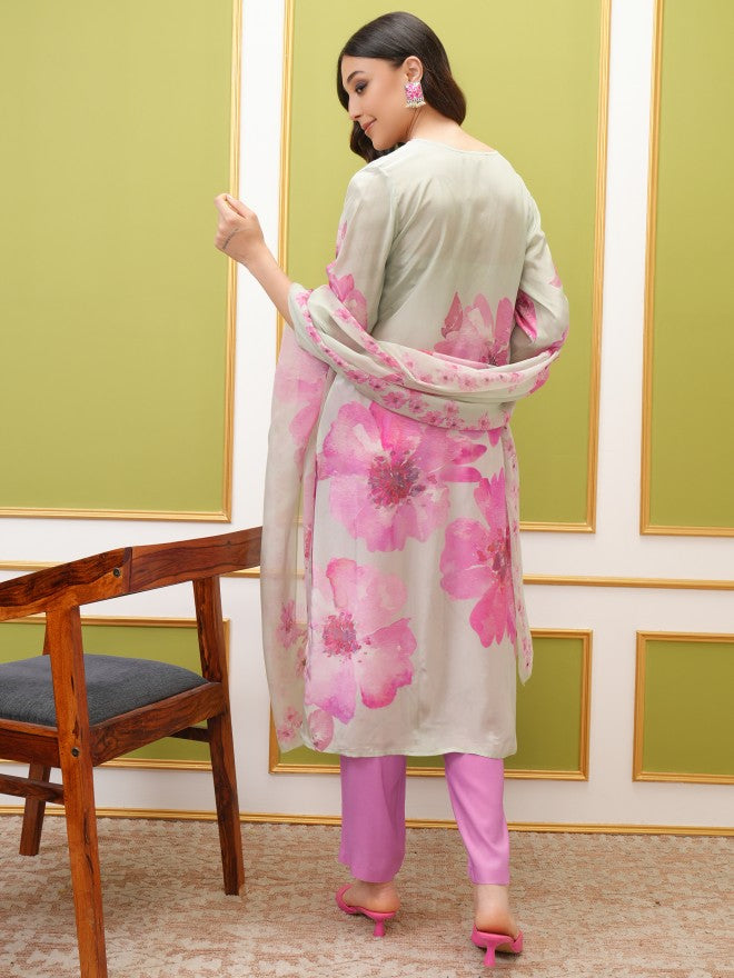 Vishudh Women Blue Printed Kurta With Trouser And Dupatta - Blue - Image 3
